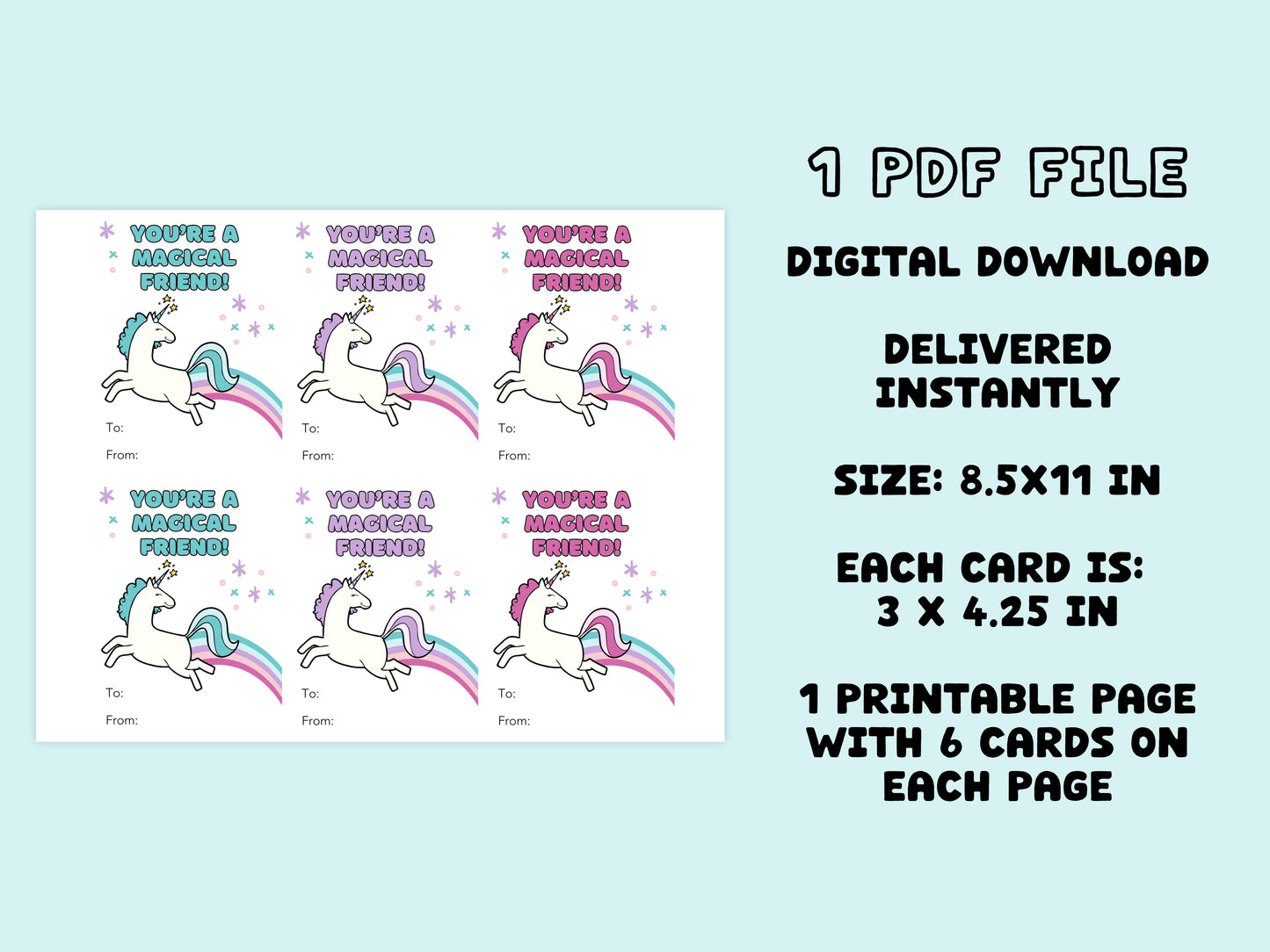 Digital Magical Unicorn Printable Valentine Cards
