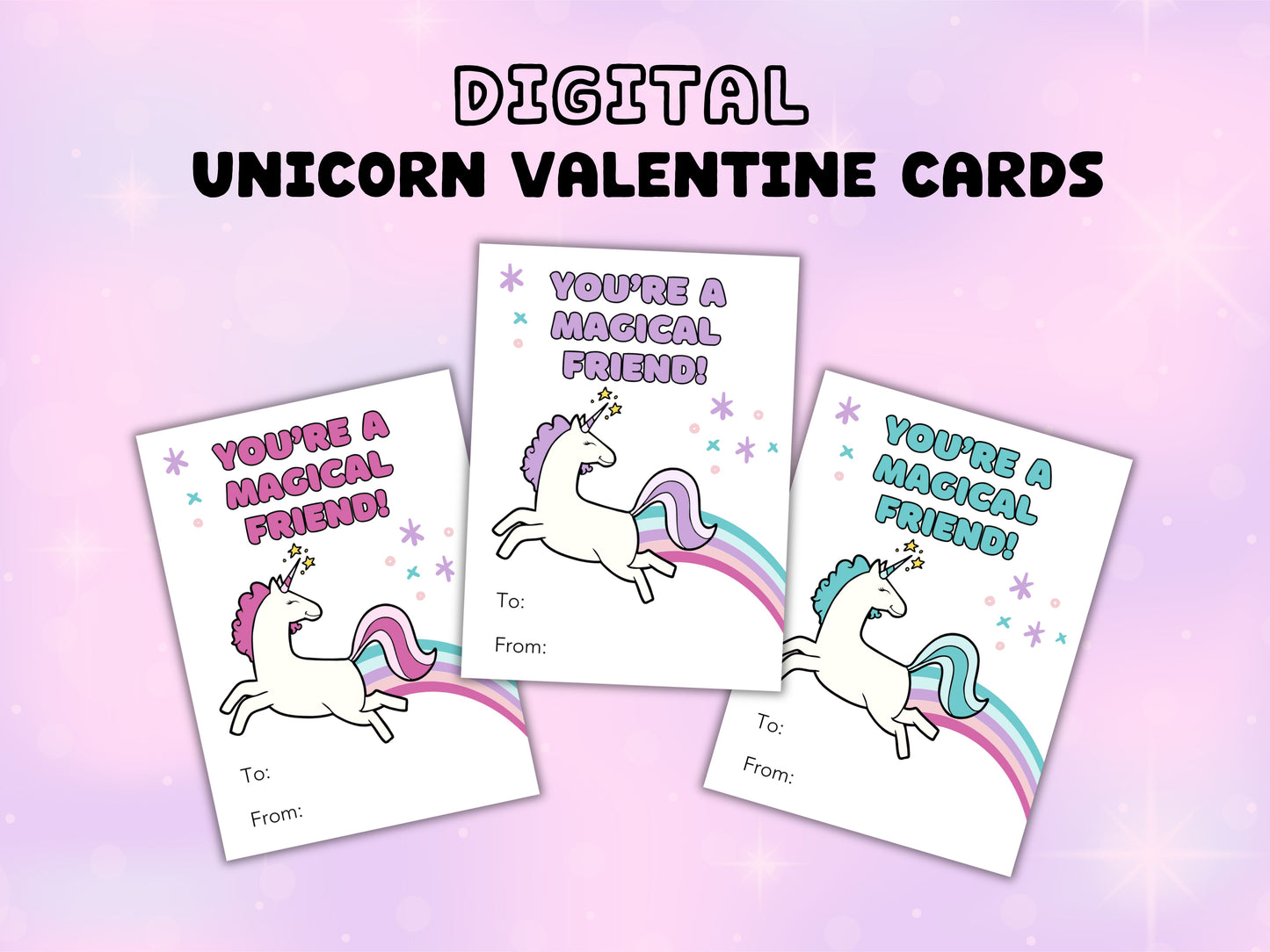 Digital Magical Unicorn Printable Valentine Cards