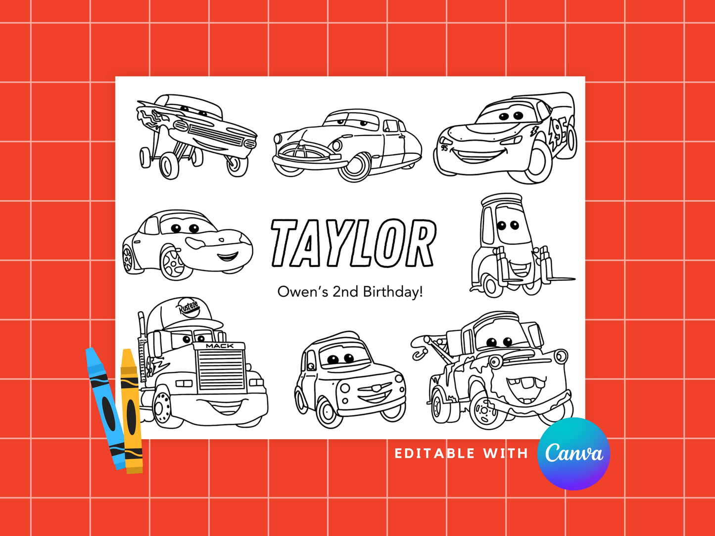 DIGITAL Editable Car Birthday Party Placemat Simply Happy Paper