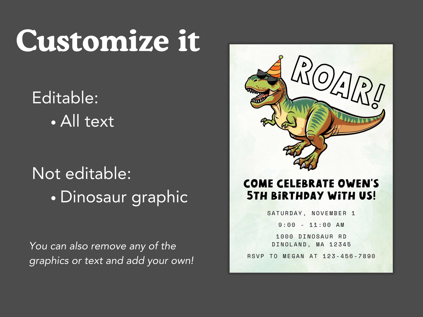 DIGITAL Editable Roar Cool T-rex Birthday Invitation Simply Happy Paper
