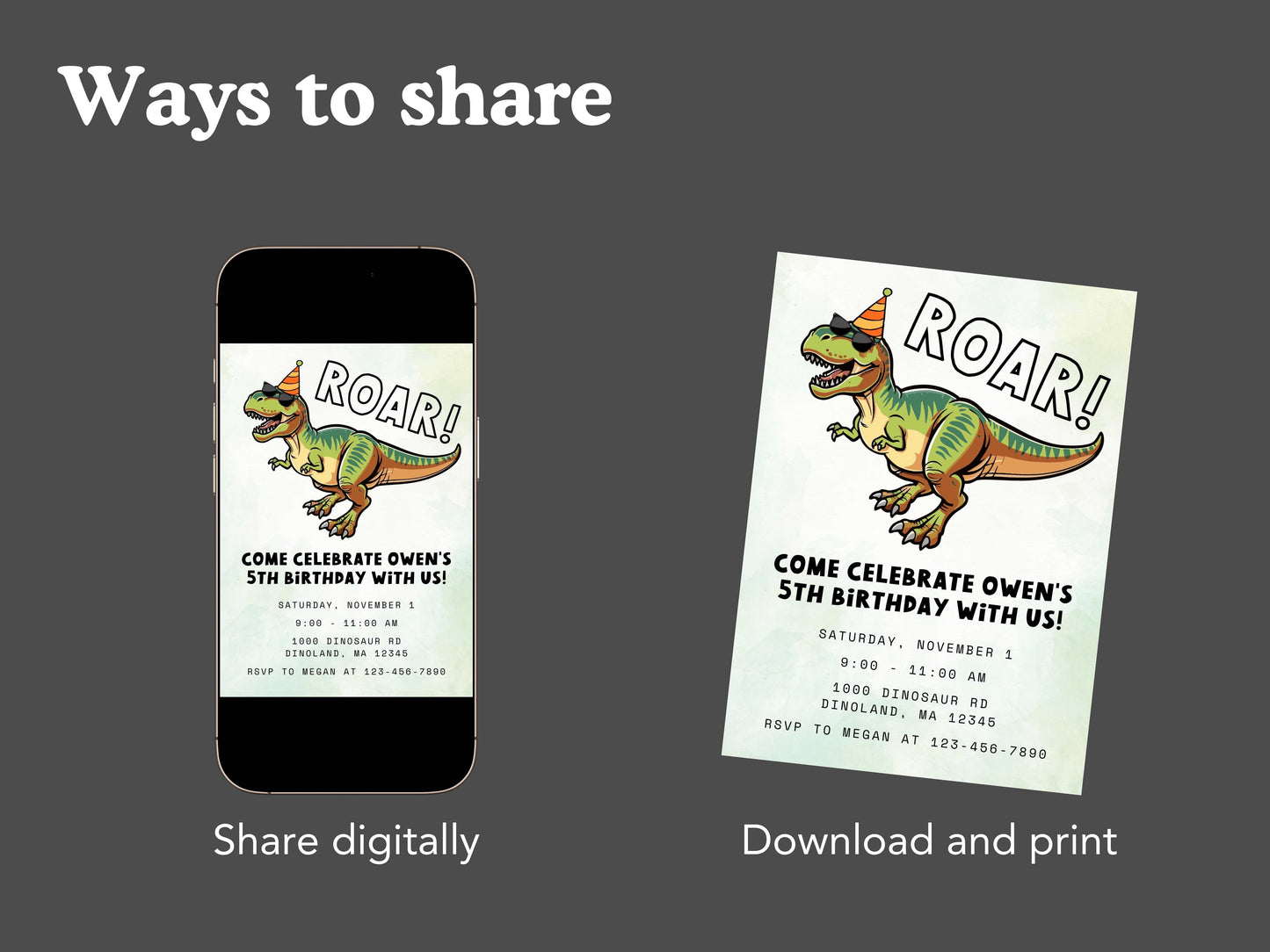 DIGITAL Editable Roar Cool T-rex Birthday Invitation Simply Happy Paper