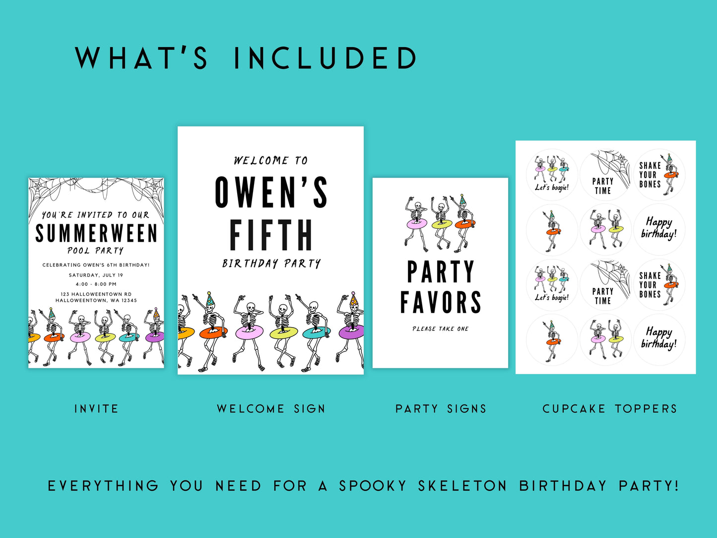 Skeleton Pool Party Editable Birthday Bundle Simply Happy Paper