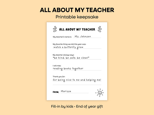 All About My Teacher Printable Keepsake Simply Happy Paper