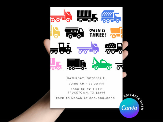 DIGITAL Colorful Trucks Birthday Invite Simply Happy Paper