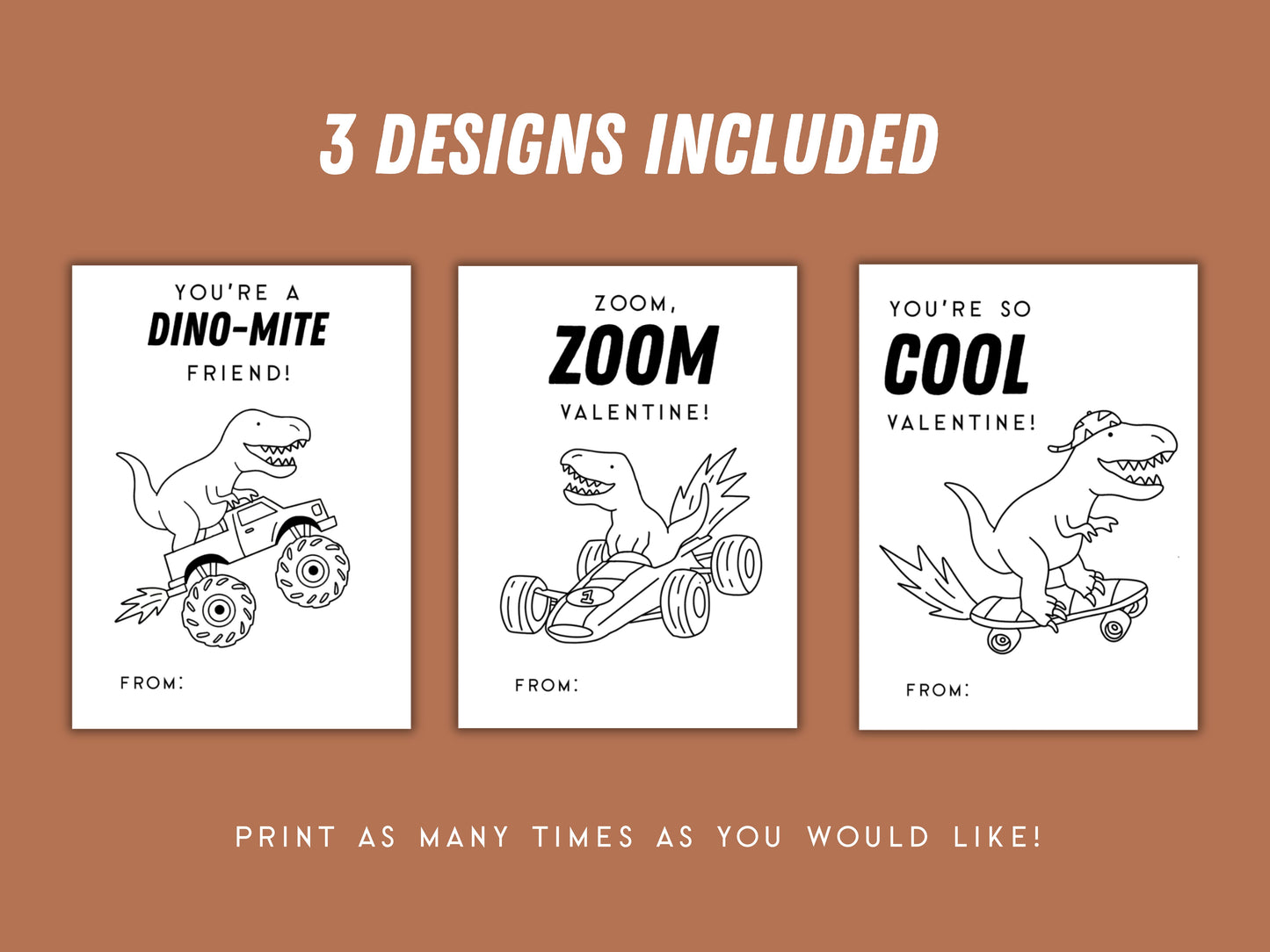 Digital Cool Dinosaur Printable Coloring Valentine Cards