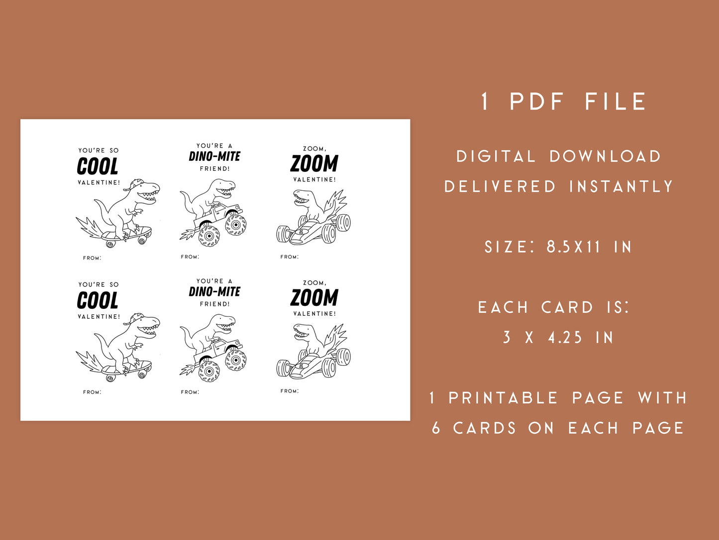 Digital Cool Dinosaur Printable Coloring Valentine Cards