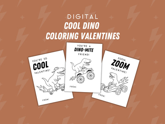 Digital Cool Dinosaur Printable Coloring Valentine Cards