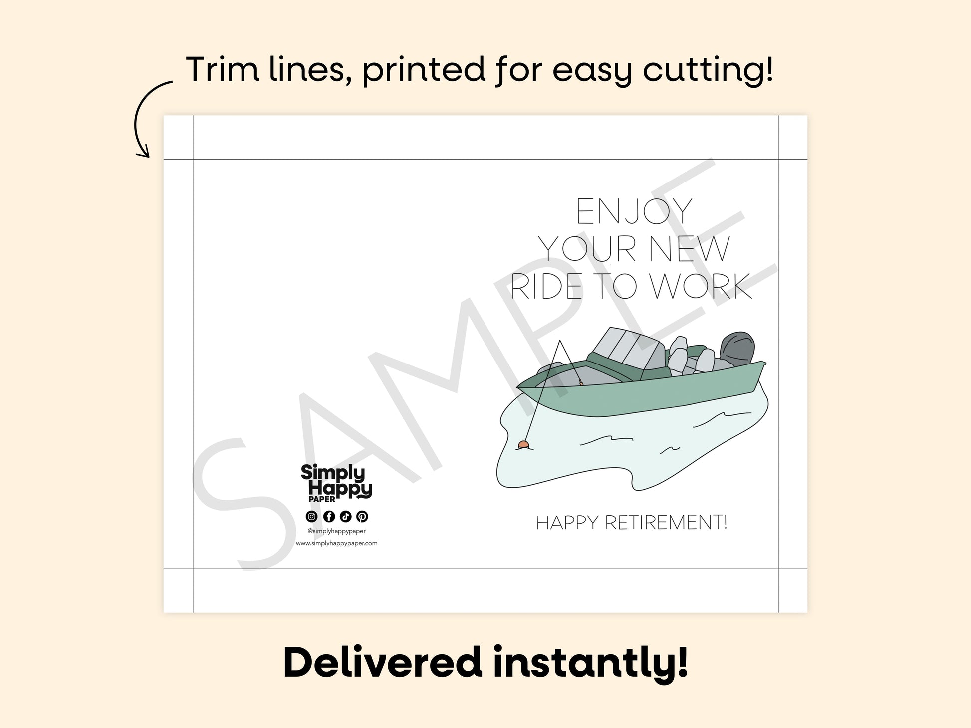 DIGITAL New Ride to Work Retirement Fishing Boat Card Simply Happy Paper