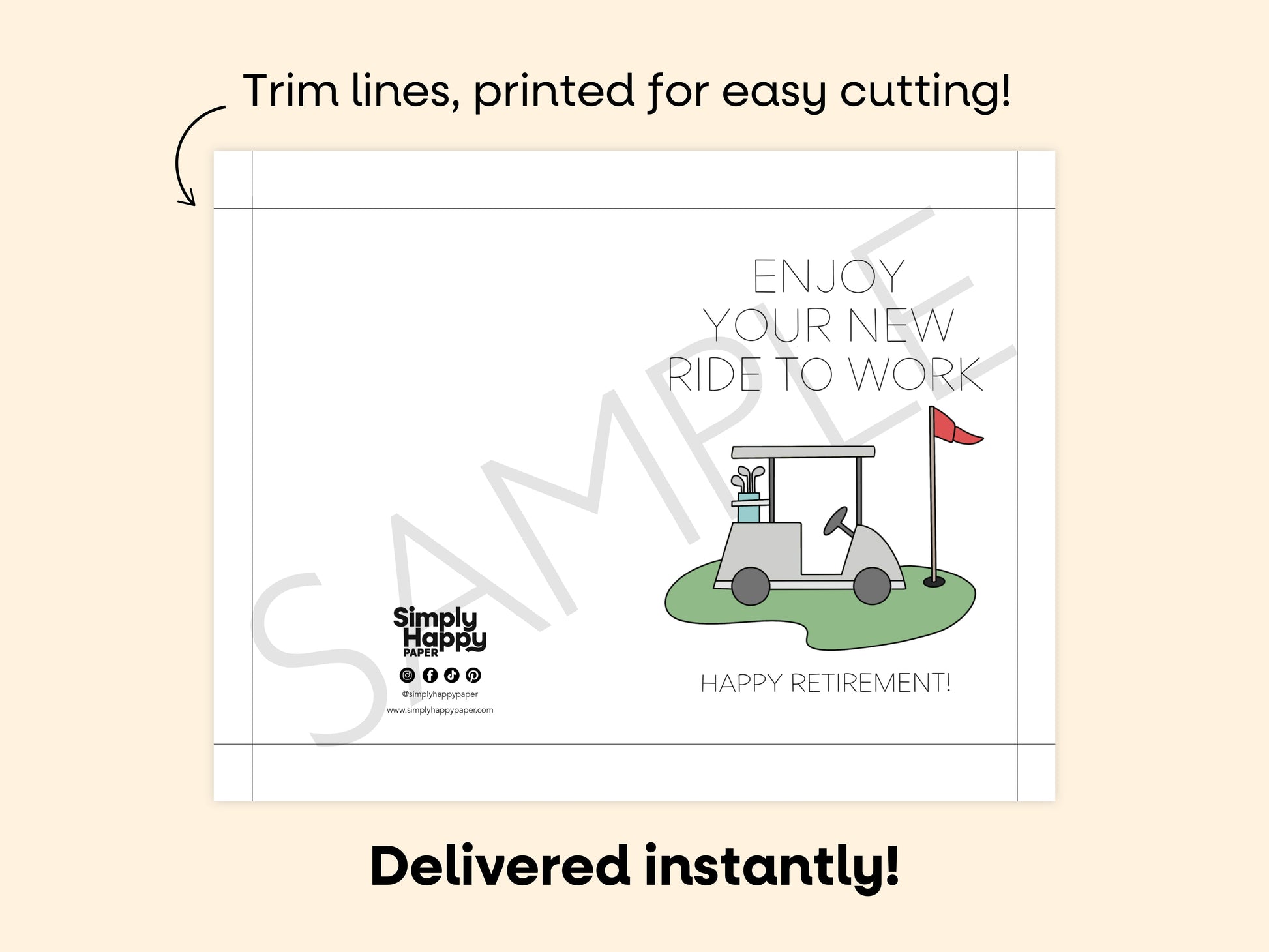 DIGITAL New Ride to Work Retirement Golf Cart Card Simply Happy Paper