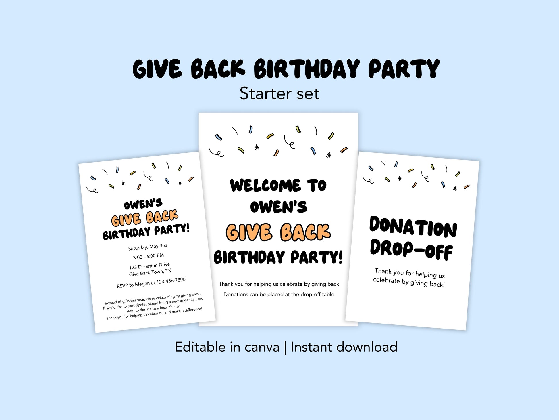 Give Back Birthday Party Printable Bundle | Donation Birthday Party Invitation and Signs Simply Happy Paper