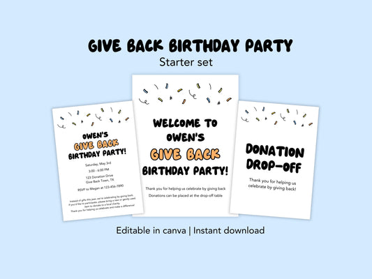 Give Back Birthday Party Printable Bundle | Donation Birthday Party Invitation and Signs Simply Happy Paper