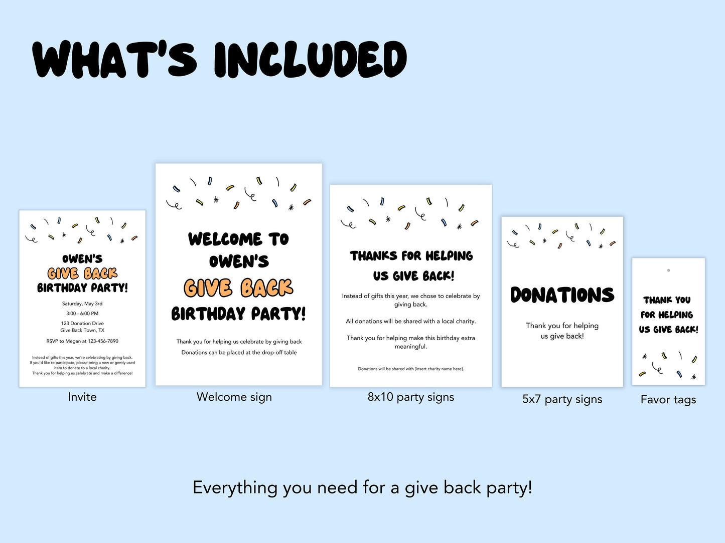 Give Back Birthday Party Printable Bundle | Donation Birthday Party Invitation and Signs Simply Happy Paper