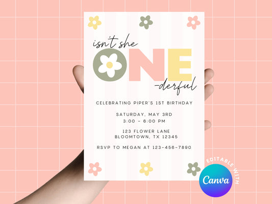 DIGITAL Isn't She One-derful Pastel First Birthday Invitation Simply Happy Paper