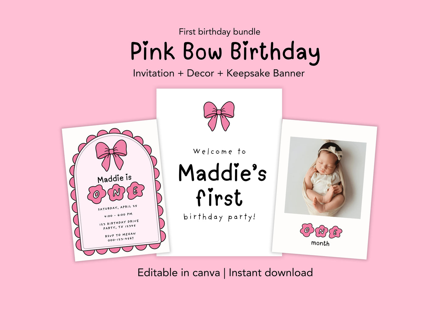 Pink Bow First Birthday Bundle Simply Happy Paper