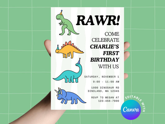 DIGITAL Editable Dinosaur Rawr Birthday Invitation Simply Happy Paper