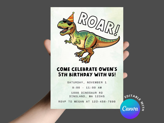 DIGITAL Editable Roar Cool T-rex Birthday Invitation Simply Happy Paper