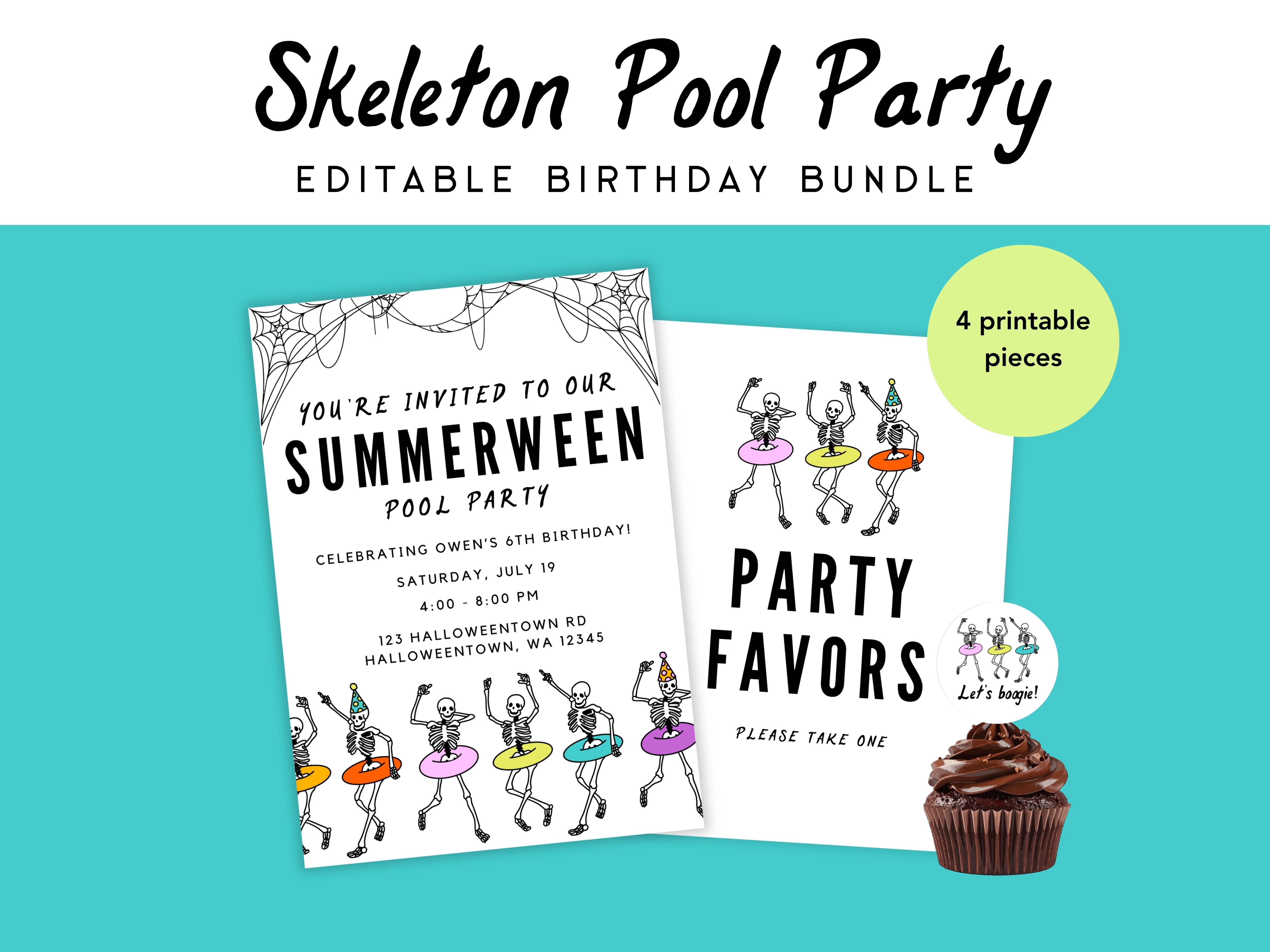 Skeleton Pool Party Editable Birthday Bundle – Simply Happy Paper