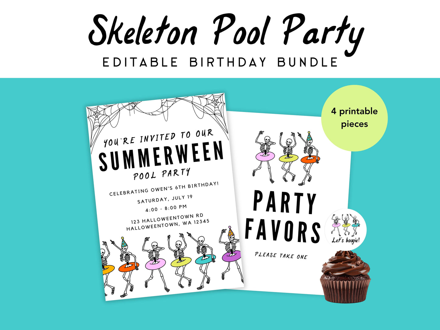 Skeleton Pool Party Editable Birthday Bundle Simply Happy Paper