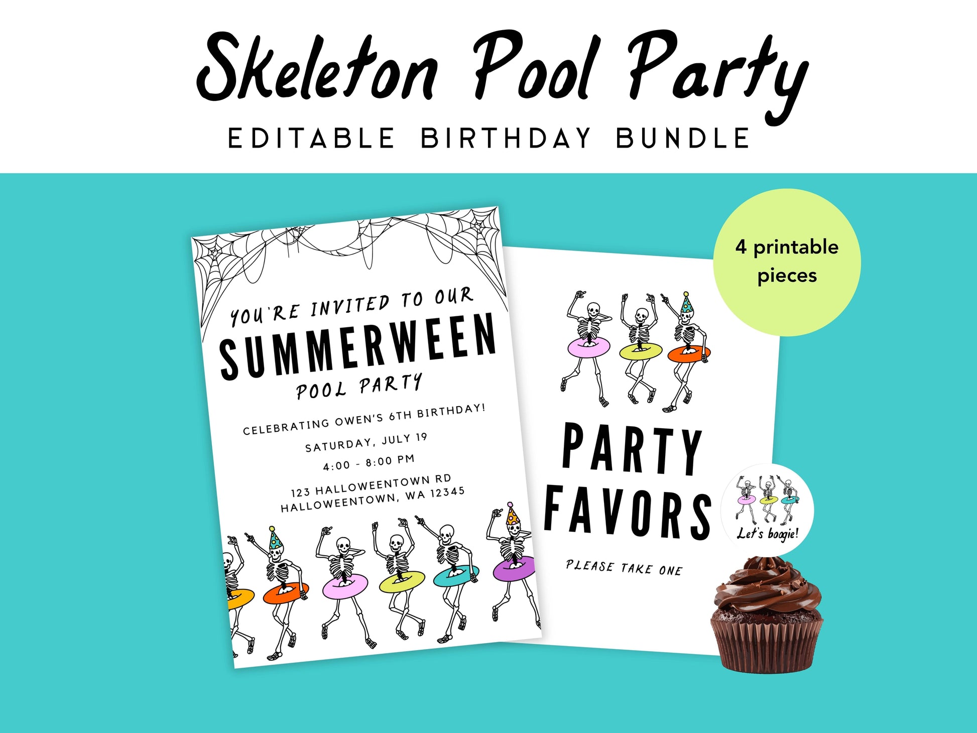 Skeleton Pool Party Editable Birthday Bundle Simply Happy Paper
