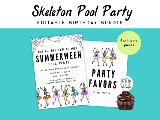 Skeleton Pool Party Editable Birthday Bundle Simply Happy Paper